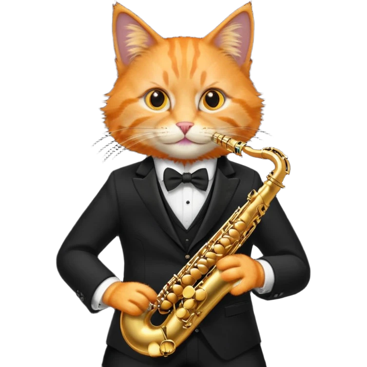 orange cat play gold saxophone, wear black suit emoji