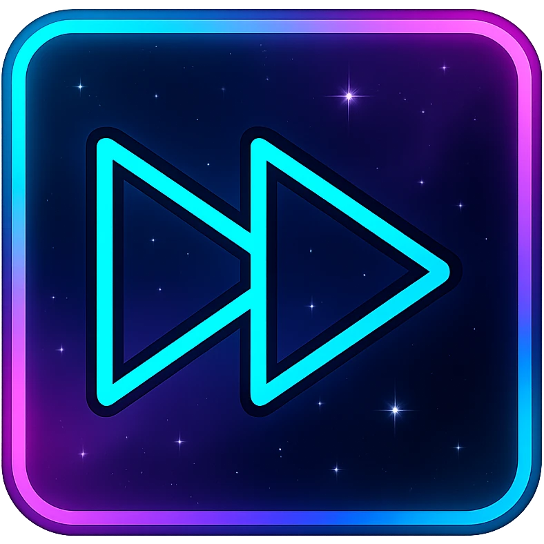 previous song icon, modern clean double triangle and line reversed with neon border and glowing effect, dark purples blues blacks base, nebula gradients, small bright stars, specular highlights, luminous look emoji