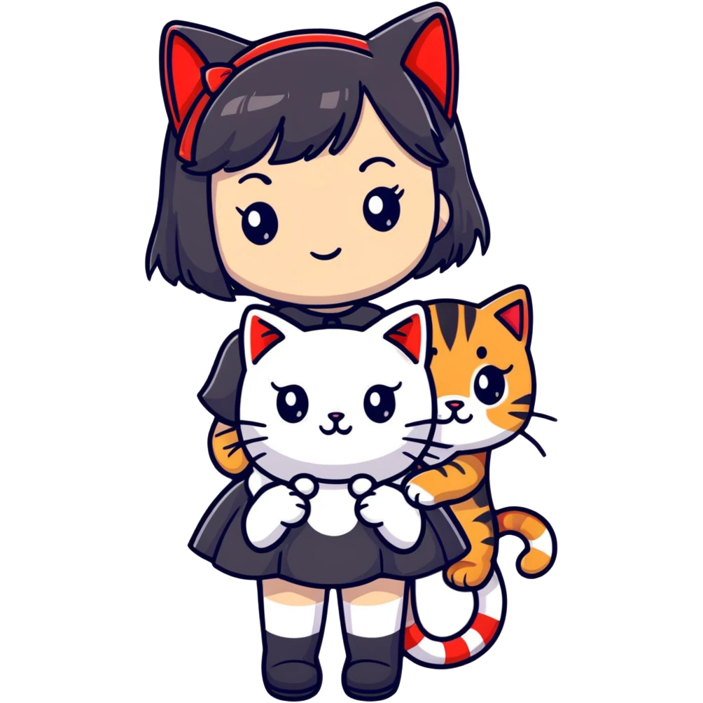 girl with black Lolita dress and black hair with red tips next to an American Shorthair tabby cat emoji