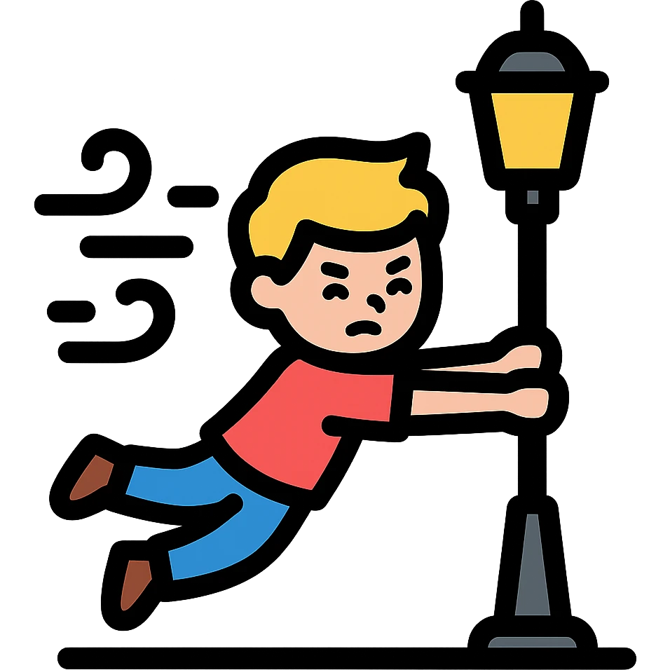 blond boy, 13 years old, clinging to a lamppost in extreme wind emoji