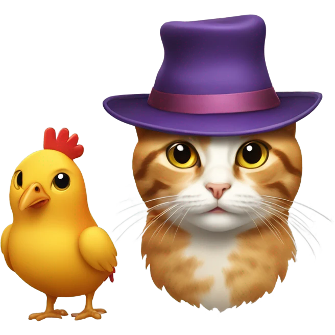 Cat and a chicken with matching hats emoji