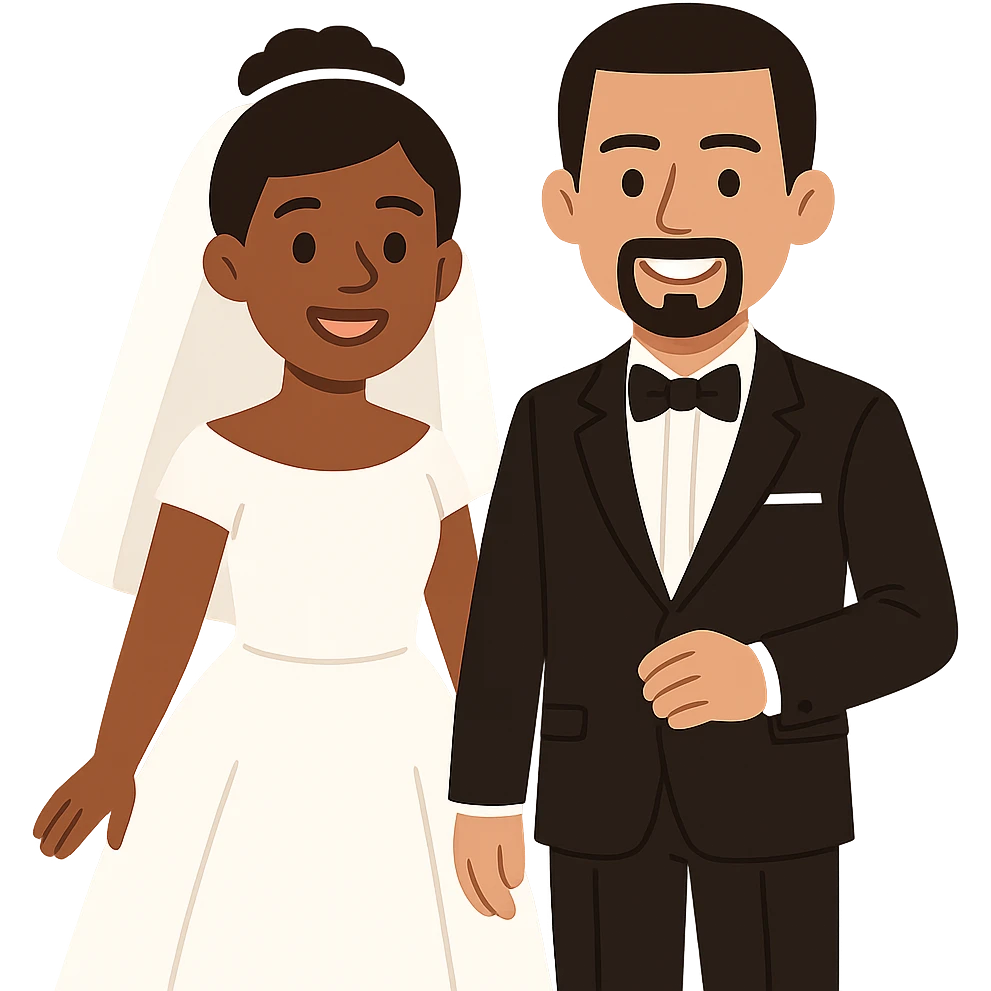 flat toon style light-skinned African American bride and light-skinned groom with black goatee in a tuxedo emoji