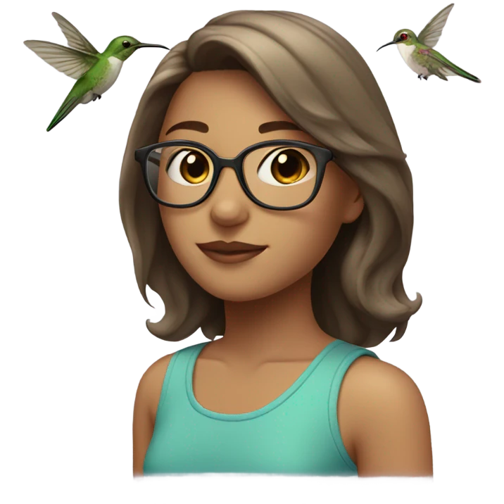 Girl pale , brunette, with short hair, wearing glasses with a hummingbird next to her emoji