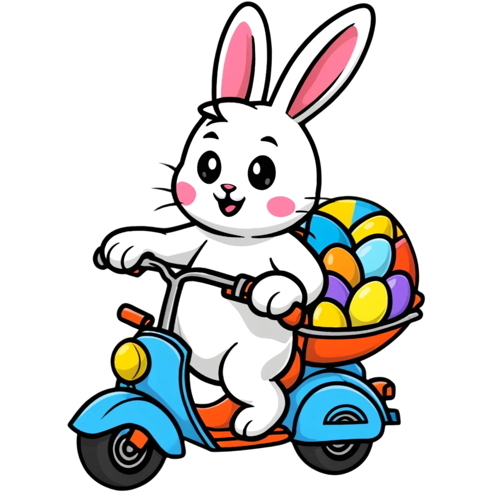 Easter bunny riding a motorcycle with Easter eggs emoji