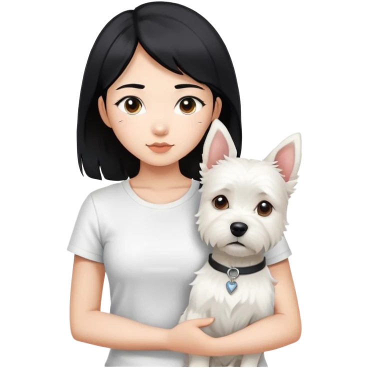 An Asain girl with black hair to her chest, wearing a white tight tshirt, she is  holding a west highland terrier with big ears  emoji
