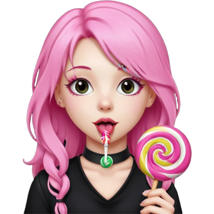 Cute girl with long pink hair wearing black, and a cute choker  licking a lolli emoji