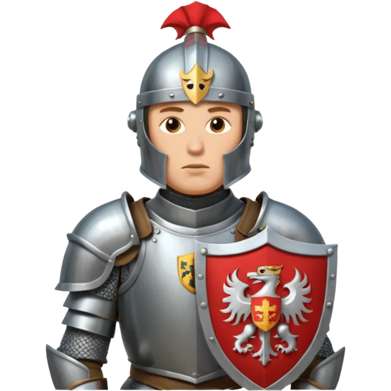 An emoji portrait of a medieval knight. He wears a suit of armor with a stylized helmet. His expression is serious and determined, and he holds a shield with a family crest. emoji