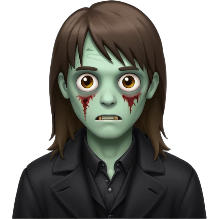 Zombie, emo guy with dark circles under his eyes and long brown hair with straight bangs, in a black long
 emoji