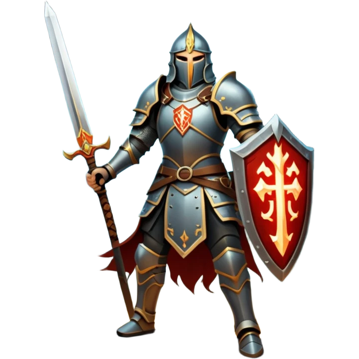 An icon representing RPG, inspired by Elden Ring. The design features a warrior in armor, holding a sword, standing in front of a mystical, dark landscape with glowing runes and a distant castle. The atmosphere evokes epic quests, exploration, and intense battles. Transparent background emoji