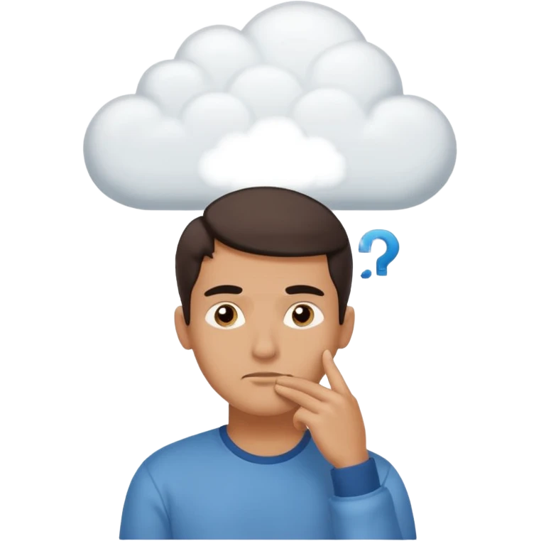Casually dressed man with one hand on his chin, eyebrows slightly furrowed. A thinking cloud floats above his head containing a critical-thinking symbol (like a question mark, magnifying glass, or logic icon). Realistic emoji aesthetic, clean-shaven, soft neutral background emoji