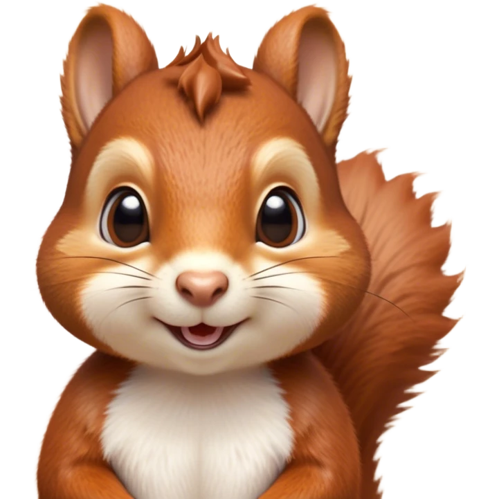 Cinematic Cute Squirrel Portrait Emoji, Head tilted playfully and inquisitively, featuring a fluffy, vibrant auburn Fur with a delicate cream belly and a bushy tail, round, sparkling eyes filled with curious mischief, Simplified yet irresistibly adorable features, highly detailed, glowing with a warm, friendly glow, high shine, affectionate and lively, stylized with a touch of woodland whimsy, bright and endearing, soft glowing outline, capturing the essence of a mischievous yet loving squirrel, so playful it feels like it could leap out of the screen and into your arms! emoji