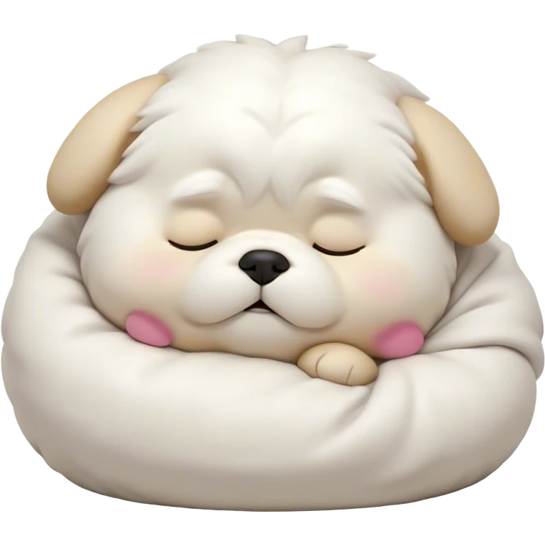 Cinematic Chubby Sleeping Maltese Portrait Emoji, Chubby and serene, with a round, adorable build and a soft, fluffy white coat, eyes gently closed in peaceful slumber, Simplified yet irresistibly endearing features, highly detailed, glowing with a gentle, dreamy glow, high shine, relaxed and content, stylized with a touch of whimsy, bright and heartwarming, soft glowing outline, capturing the essence of a blissfully sleepy companion, so comically serene it feels like it could roll out of the screen and snore with adorable charm! emoji