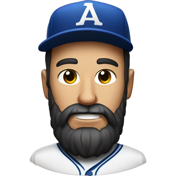 White man with sunburn with long black beard and backwards baseball ha with the letter A on it emoji