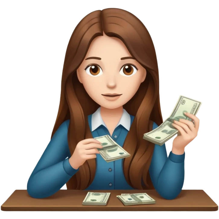 Femme au cheveux long et châtain qui compte des billets  emoji