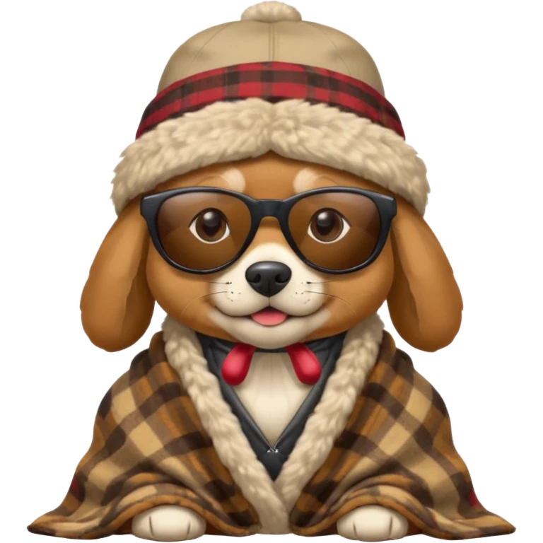 Dog warring a hat and a blanket And sunglasses ￼ emoji