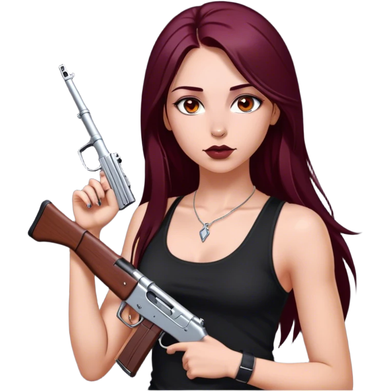 emoji of girl with an ak47 in hand with a black tank top gorgeous girl y2k with maroon dark long hair in a middle part with straight nose hazel eyes medium perfect eye brows with  a nose ring silver on the right nostril  emoji