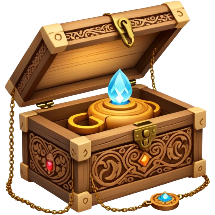 magical wooden box with intricate carvings, glowing softly, holding necklaces inside emoji