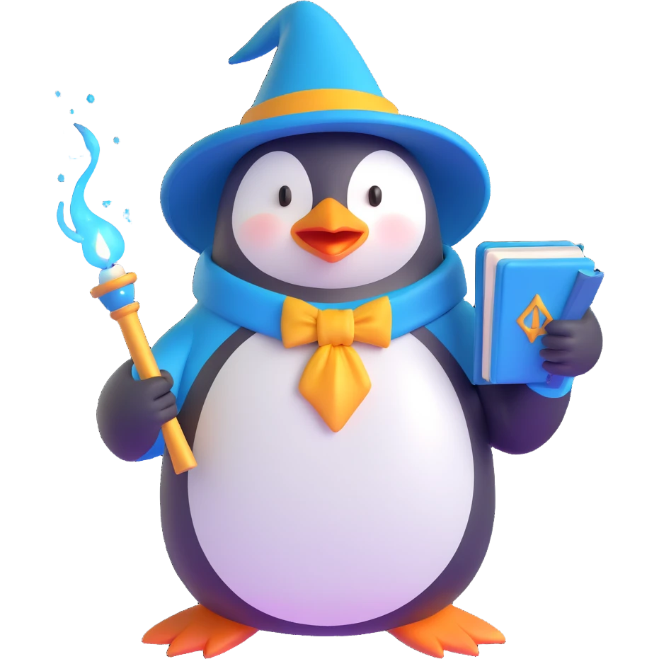 A penguin wizard with a magical aura and a spellbook, looking wise and mystical emoji