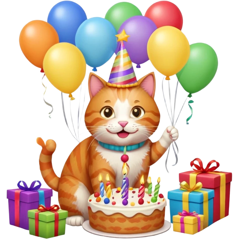 Ginger cat celebrates birthday, birthday hat, birthday cake, balloons, happy, gifts emoji