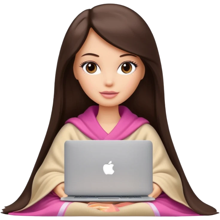 Barbie girl with a long straight dark brown hair inside a beige blanket working macbook  emoji