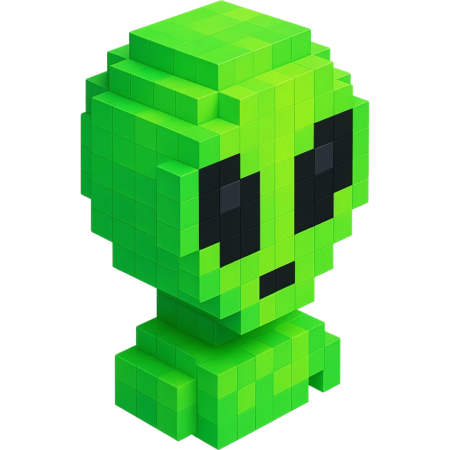 green alien with big black eyes and a small mouth, isometric view emoji