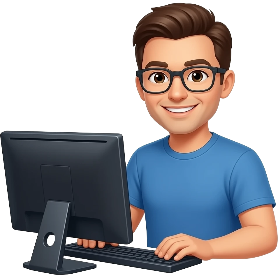 ingeniero informático sonriente con un ordenador y camiseta emoji