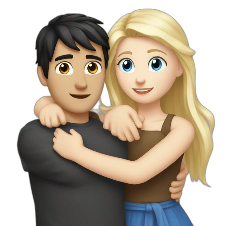 blond white girl with blue eyes hug white boy with black hair with pony-tail emoji