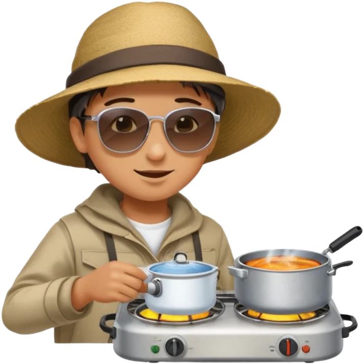 A camper boiling water on a portable stove, enjoying the outdoor breeze.
 emoji