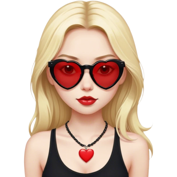 Blonde girl with pale skin and long hair with black cat eye sunglasses in black tank top with red heart necklace  emoji