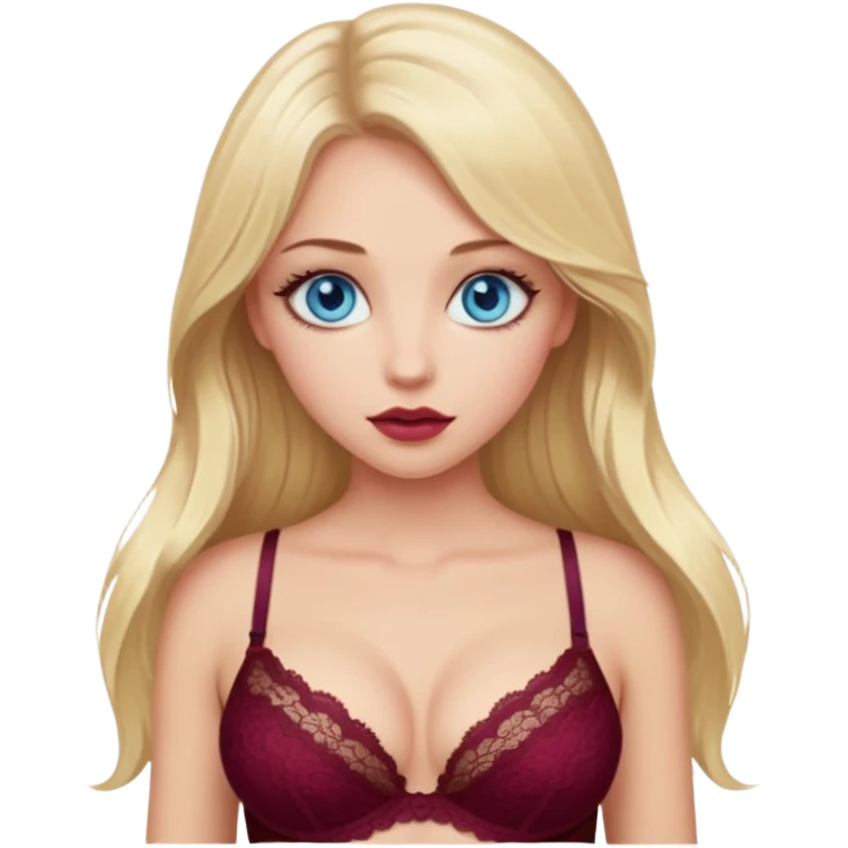 A beautiful blue-eyed girl, a blonde with long hair, full lips, and large eyes, wearing a burgundy lace bra through which her breasts are visible emoji