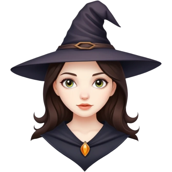European girl, beautiful brunette, witch emoji