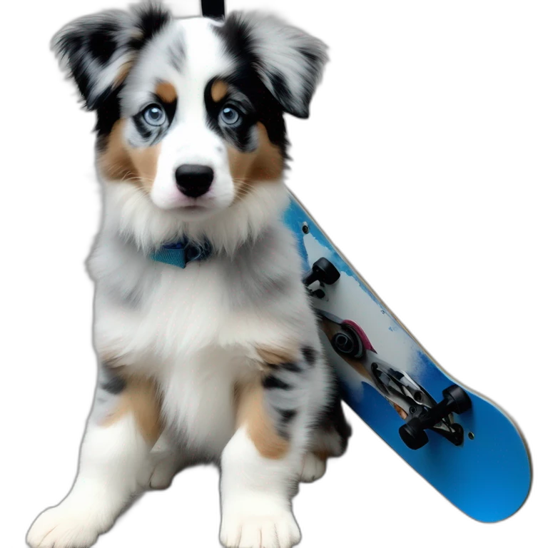 a 5 month old puppy, miniature American shepherd breed, blue merle color, with blue eyes, with a snowboard emoji