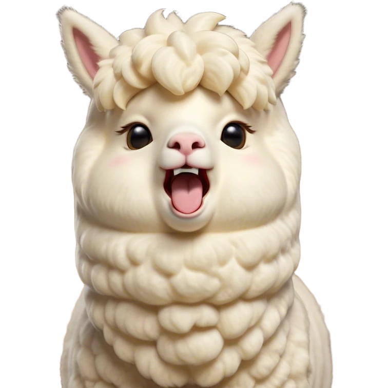 Cinematic Cute Yawning Cream Alpaca Portrait Emoji, Head tilted slightly with a dramatic, wide-open yawn, showcasing a soft, fluffy cream fleece with subtly drooping ears, round gentle eyes barely open in drowsy contentment, Simplified yet irresistibly adorable features, highly detailed, glowing with a soft, cozy glow, high shine, relaxed yet expressive, stylized with a touch of whimsy, bright and endearing, soft glowing outline, capturing the essence of a sleepy yet affectionate alpaca, so drowsy it feels like it could stretch out of the screen and curl up for a nap! emoji
