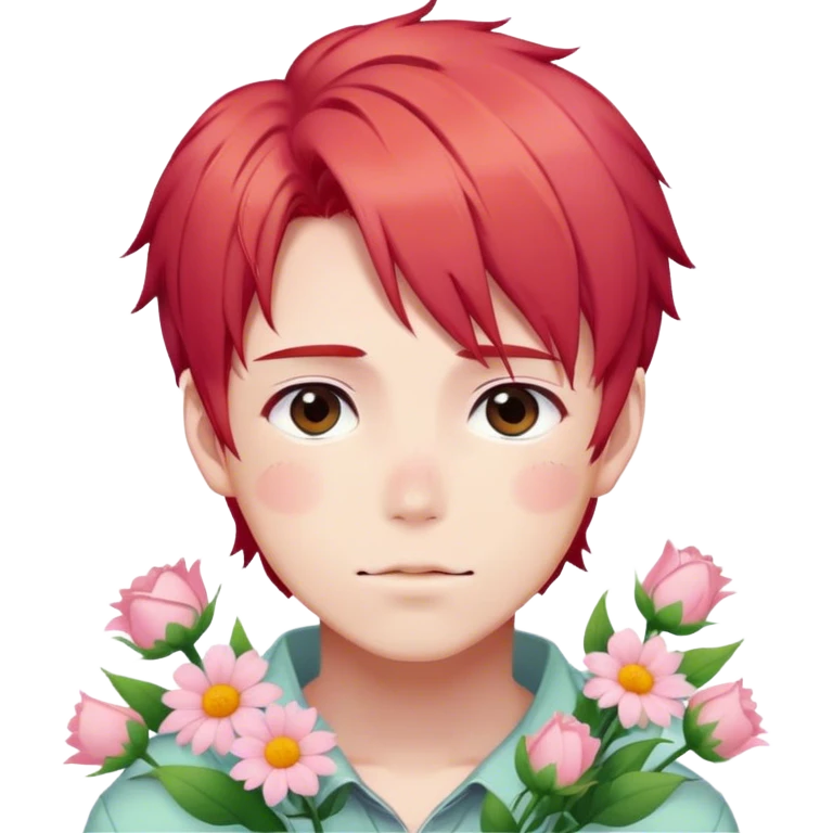 Gorgeous pastel red hair anime style shojo guy with blushing face and flowers aesthetic trending style outside emoji