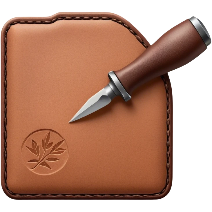 Leatherworking icon, piece of raw leather with started engraving, engraving tool or chisel, stamp or press, textured surface, minimalistic style, clean lines, transparent background. emoji