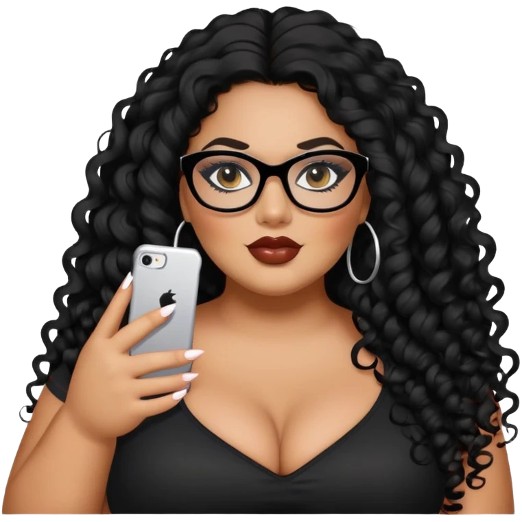 big plus size, latina, darker tan skin, long black curly hair, baddie,pretty, makeup, lipgloss, black eyeliner, long hair, black top, black glasses emoji