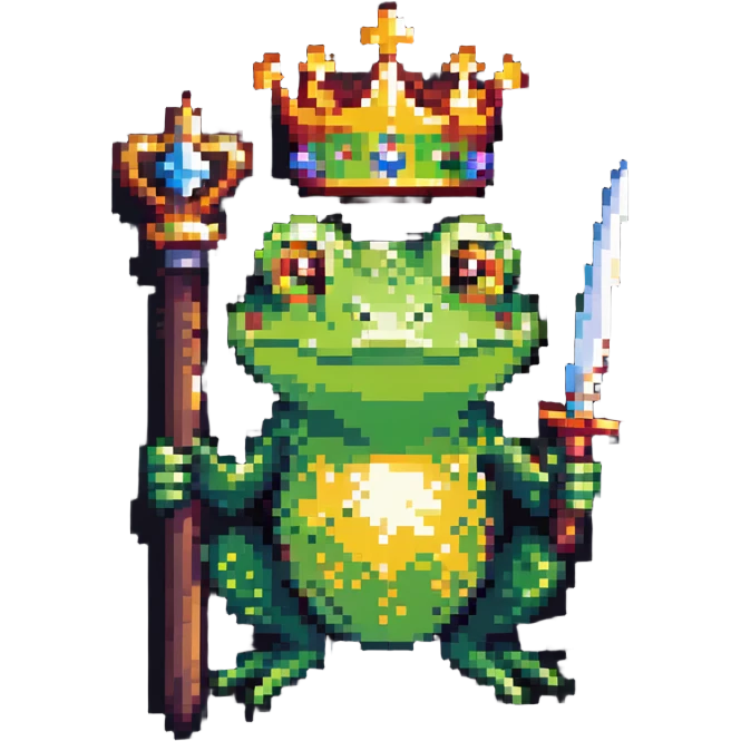pixel art crowned frog holding a scepter wearing a crown emoji
