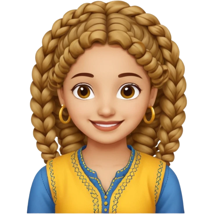 fair Indian girl with curly hair tied in a braid, smiling, wearing a yellow kurti and blue jeans emoji