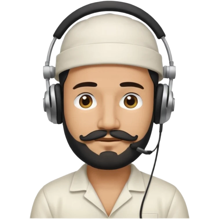 Half body man wearing white topi, lapray, black beard and moustache, headphones, eyes closed, realistic emoji style. emoji