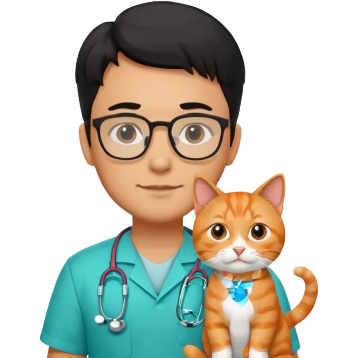 Veterinario hombre trigueño con lentes, con cabello negro, y con uniforme veterinario color verde turquesa y estetoscopio  cargando un gato naranja emoji