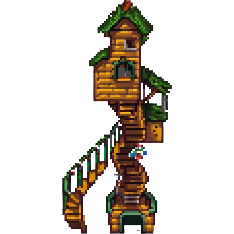 treehouse with spiral staircase, fantasy atmosphere, pixel art style emoji