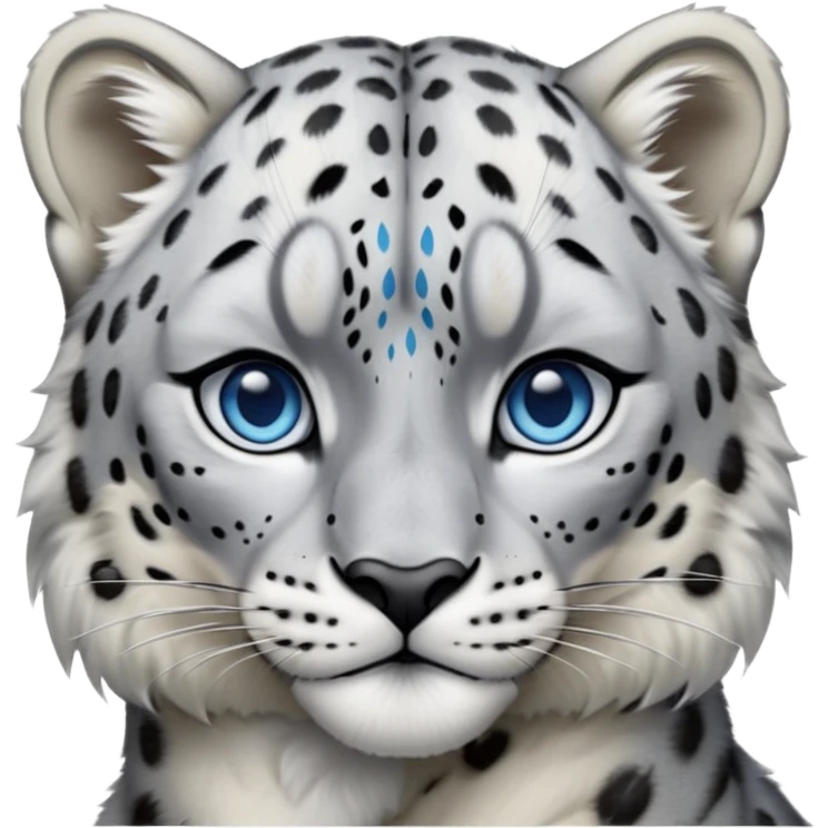Cinematic-Noble-Snow-Leopard-Portrait-Emoji – Poised and majestic, with a muscular, agile build and a beautifully patterned coat of soft white and grey fur, marked with striking, deep-set, intelligent icy blue eyes, simplified yet sharp and sophisticated zoomed out showing the shoulders emoji