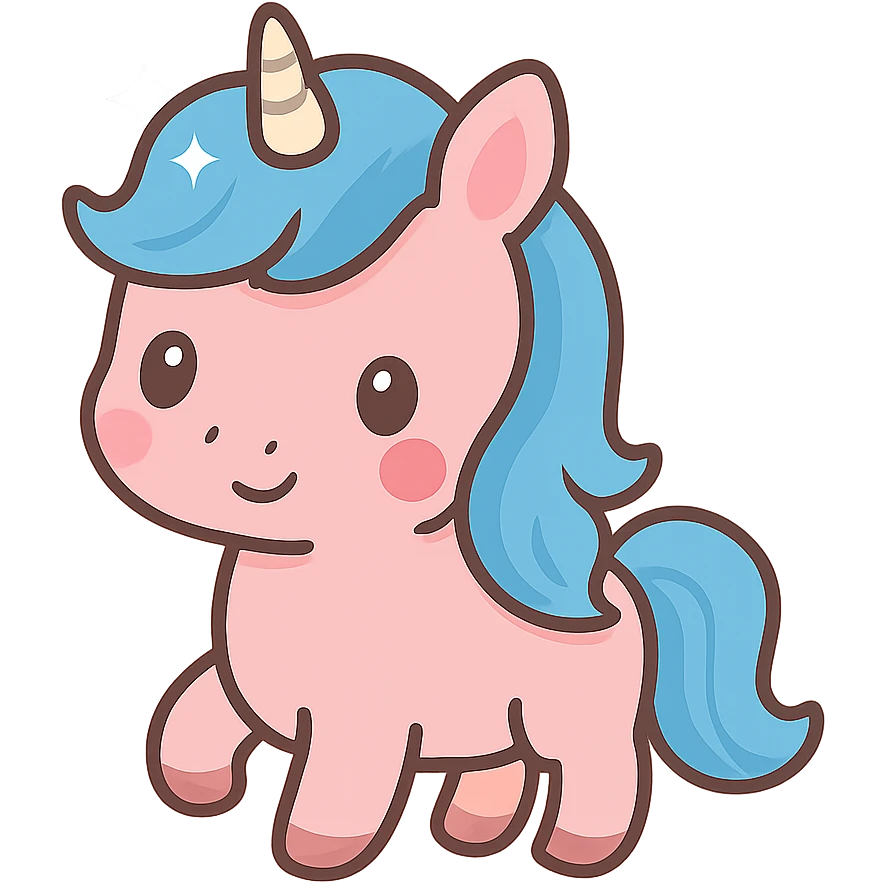 kawaii pink unicorn with blue hair, small shiny horn emoji