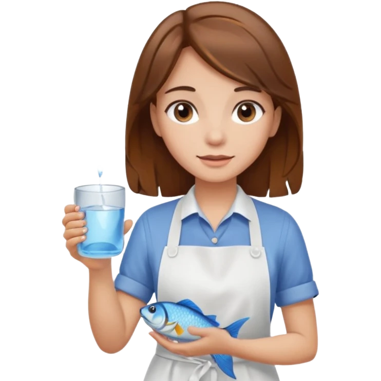 A girl with brown hair wearing an apron and holding a fish and a cup of water in another hand emoji