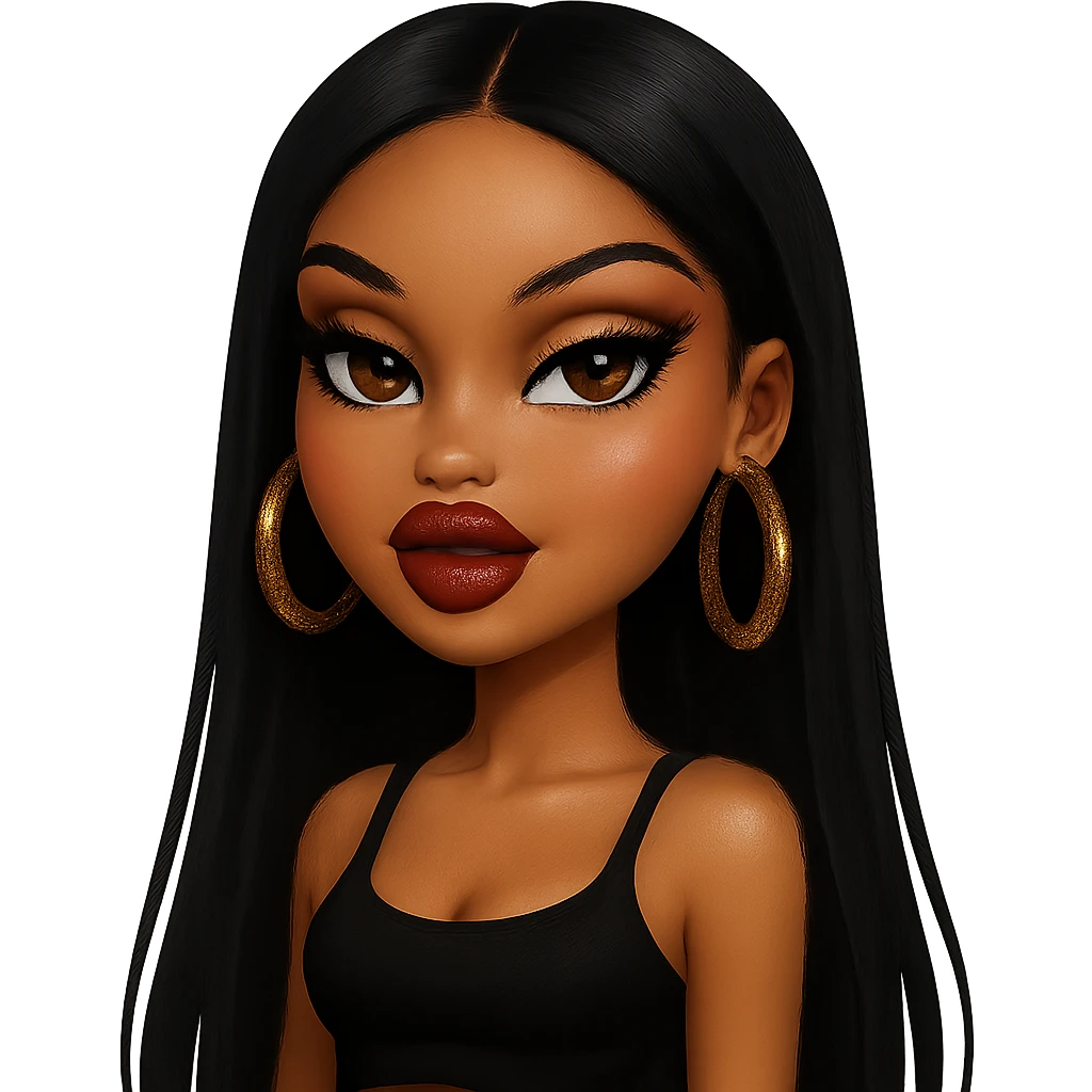 pretty Bratz baddie with black straight hair, brown skin, pretty makeup, dark brown eyes, gold hoop earrings emoji