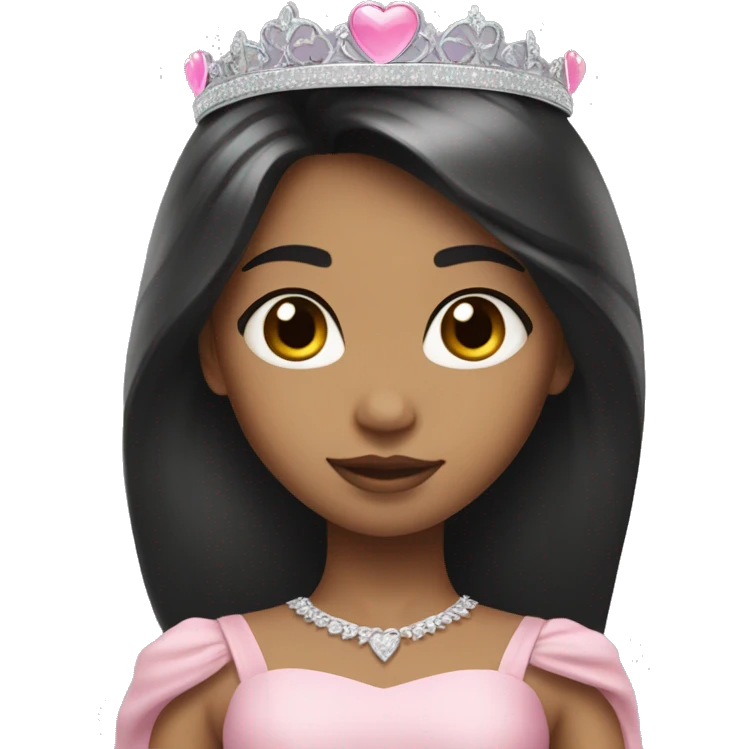 Princess with halo with medium skin tone with long black hair with bang with silver pink heart tiara and pink dress emoji