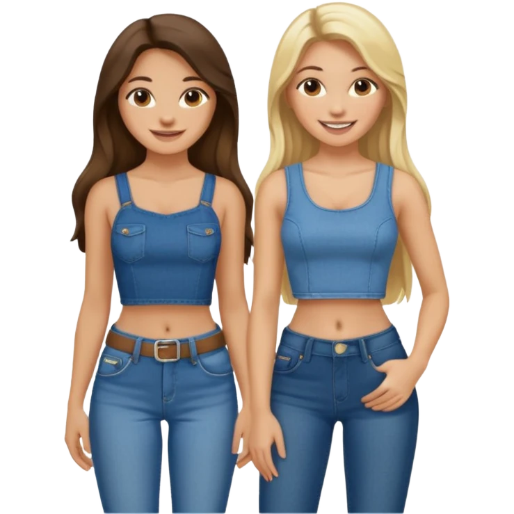 a long hair brunette girl and a blonde girl in jeans and crop tops smiling friends emoji
