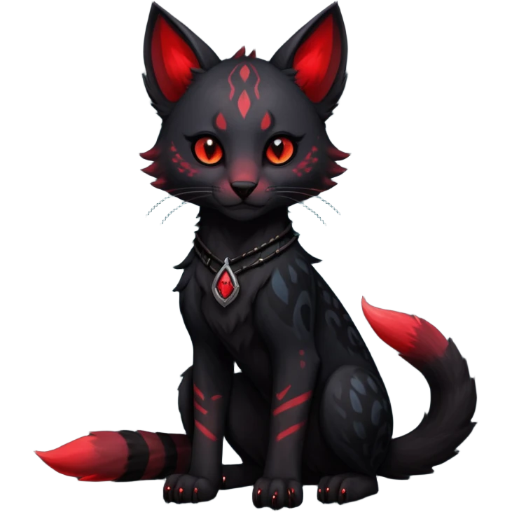 Cute kawaii cool edgy badass  dark obsidian-black fur with crimson glowing runic markings fantasy-caracal-civet-genet-sergal-vernid-Gryphon-Cacomistle-Trico-oncilla-animal-Fakémon-hybrid-fursona (full body), facial markings, (realism style) emoji