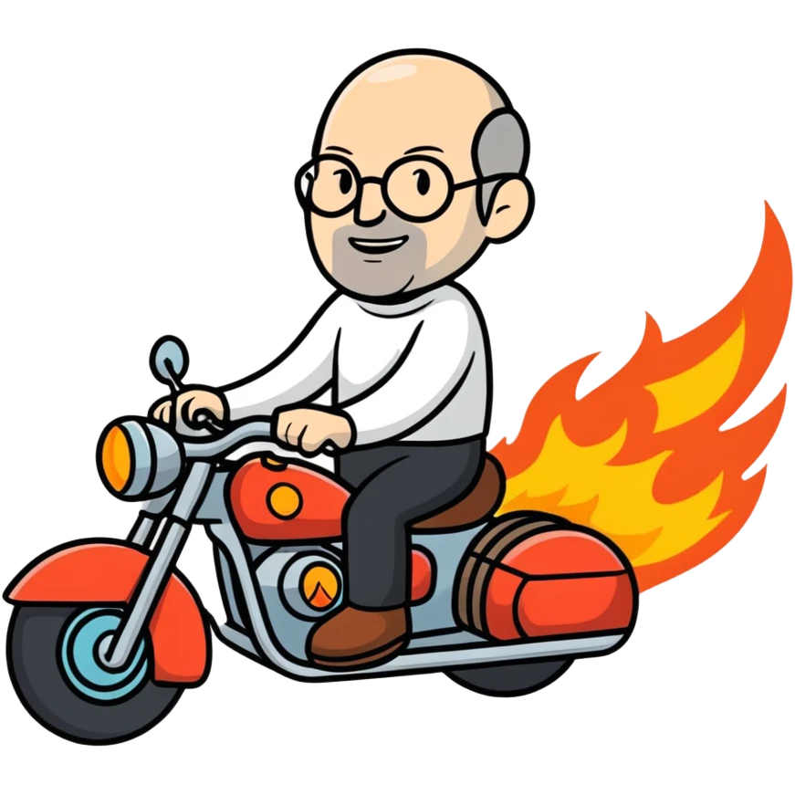 Steve Jobs riding a motorcycle into a fire emoji