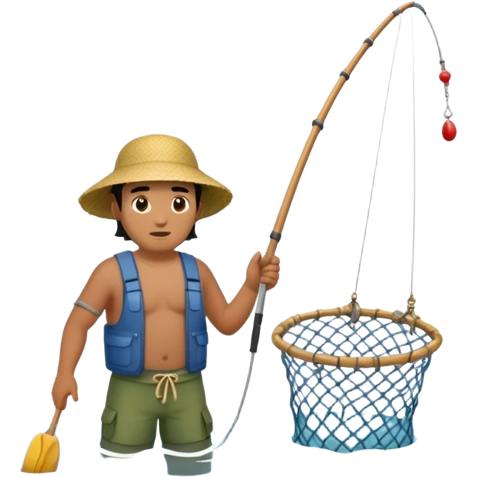 A Polynesian fisherman standing in the water fishing with a large net emoji